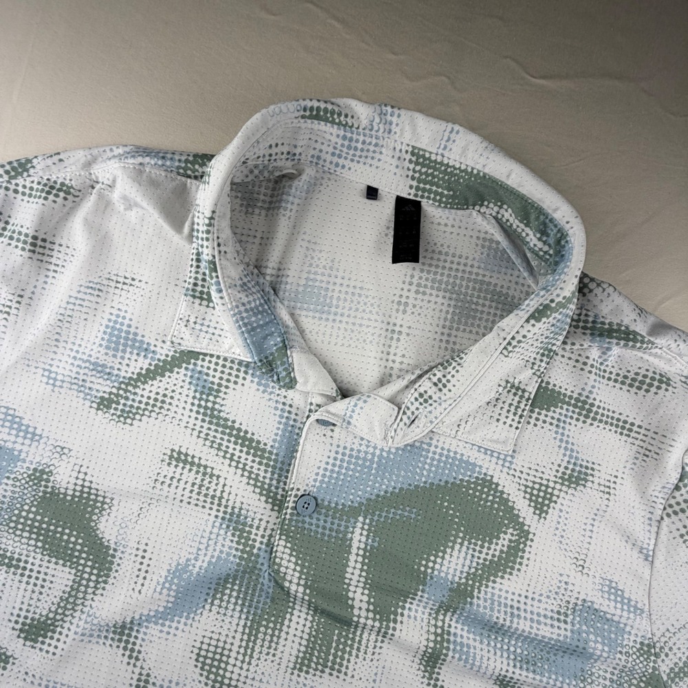 Adidas Golf Performance Polo Men XL White Green Blue Abstract Dot Pattern‎ 263